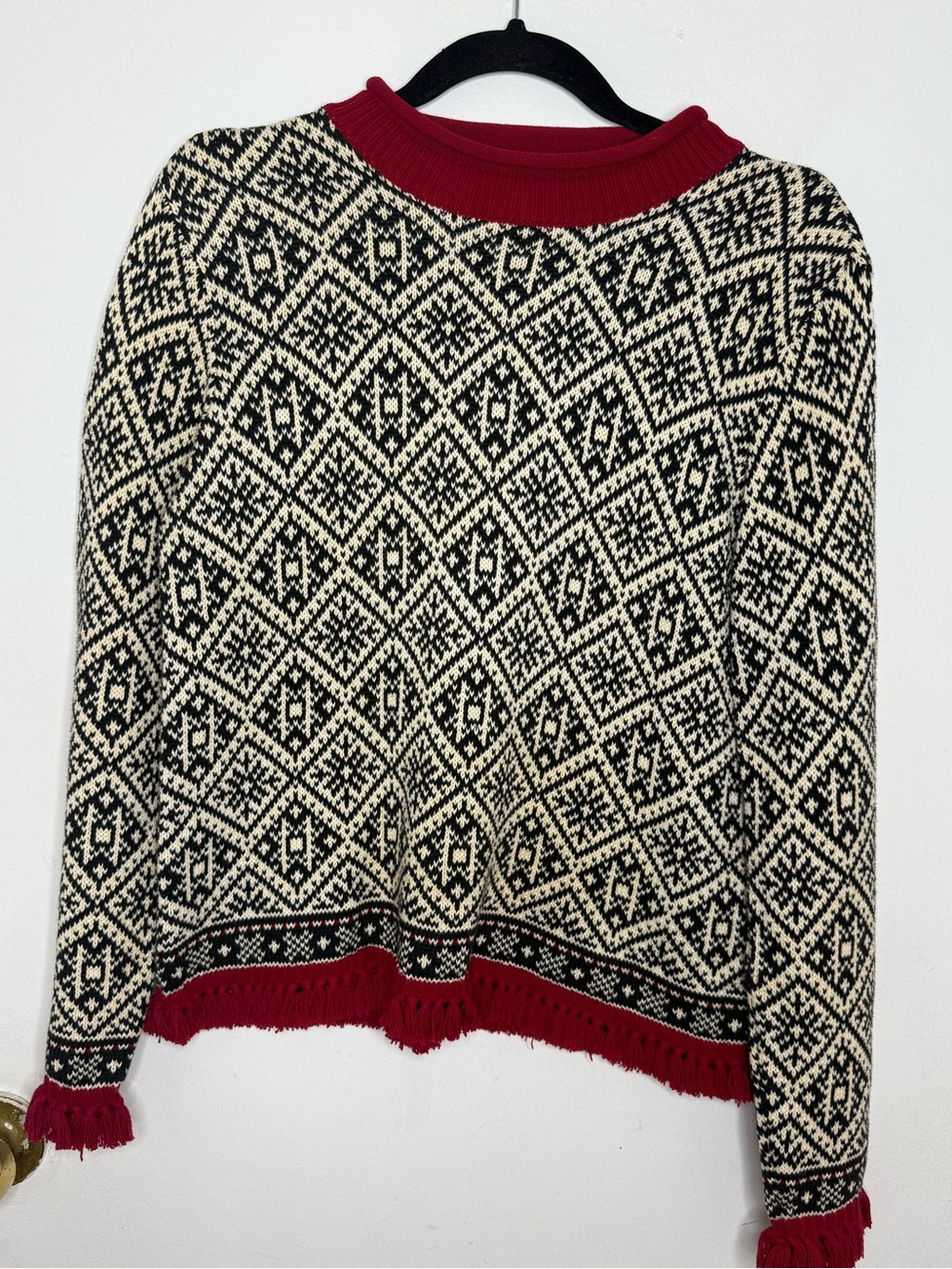 Talbots Black & Cream Fair Isle Sweater with Red Trim